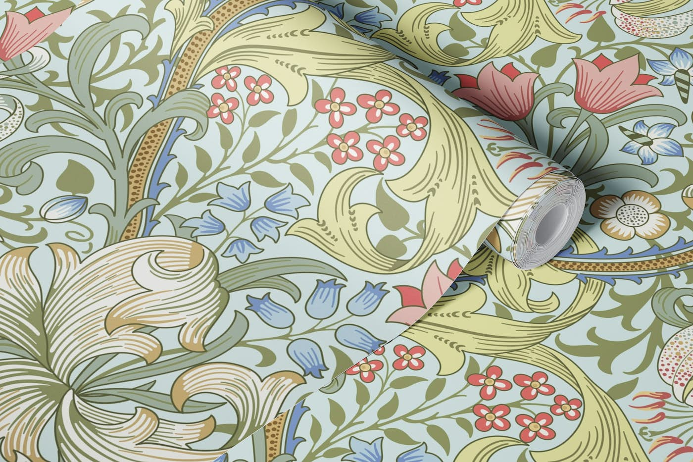 Victorian Golden Lily on pale blue wallpaper roll