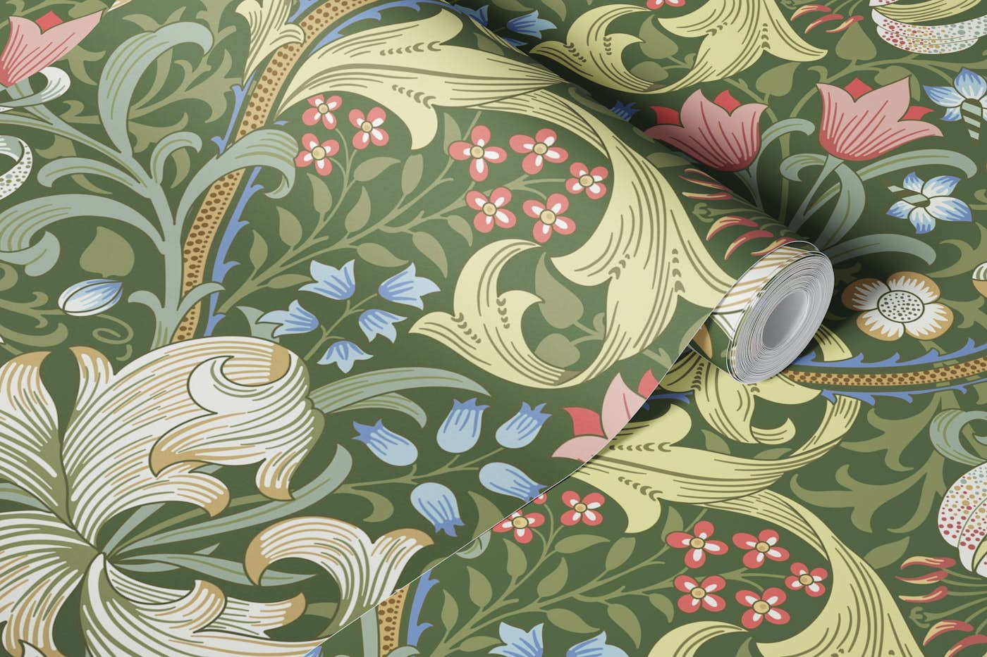 Victorian Golden Lily on dark green wallpaper roll