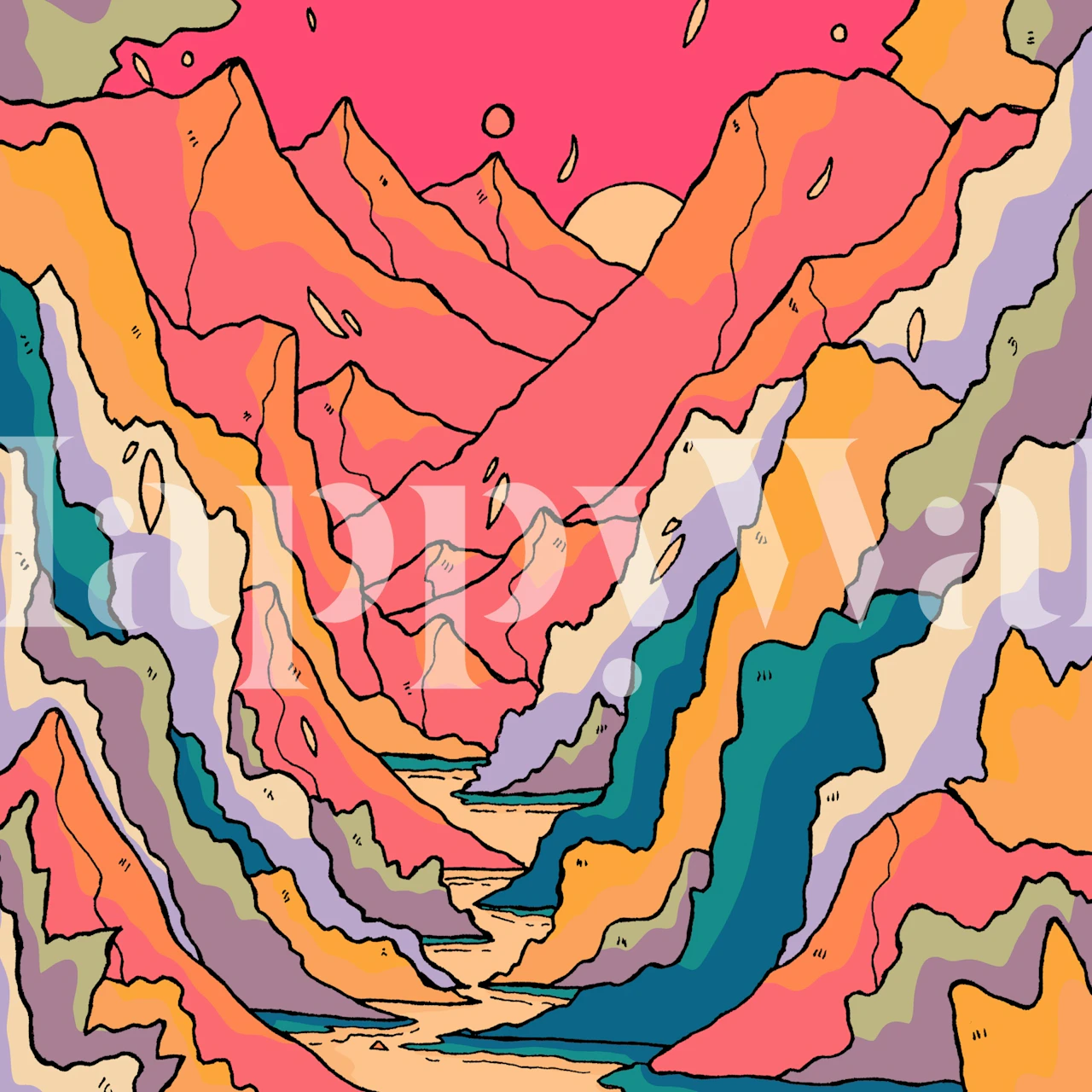 Vibrant mountain trail wallpaper displayed in a room