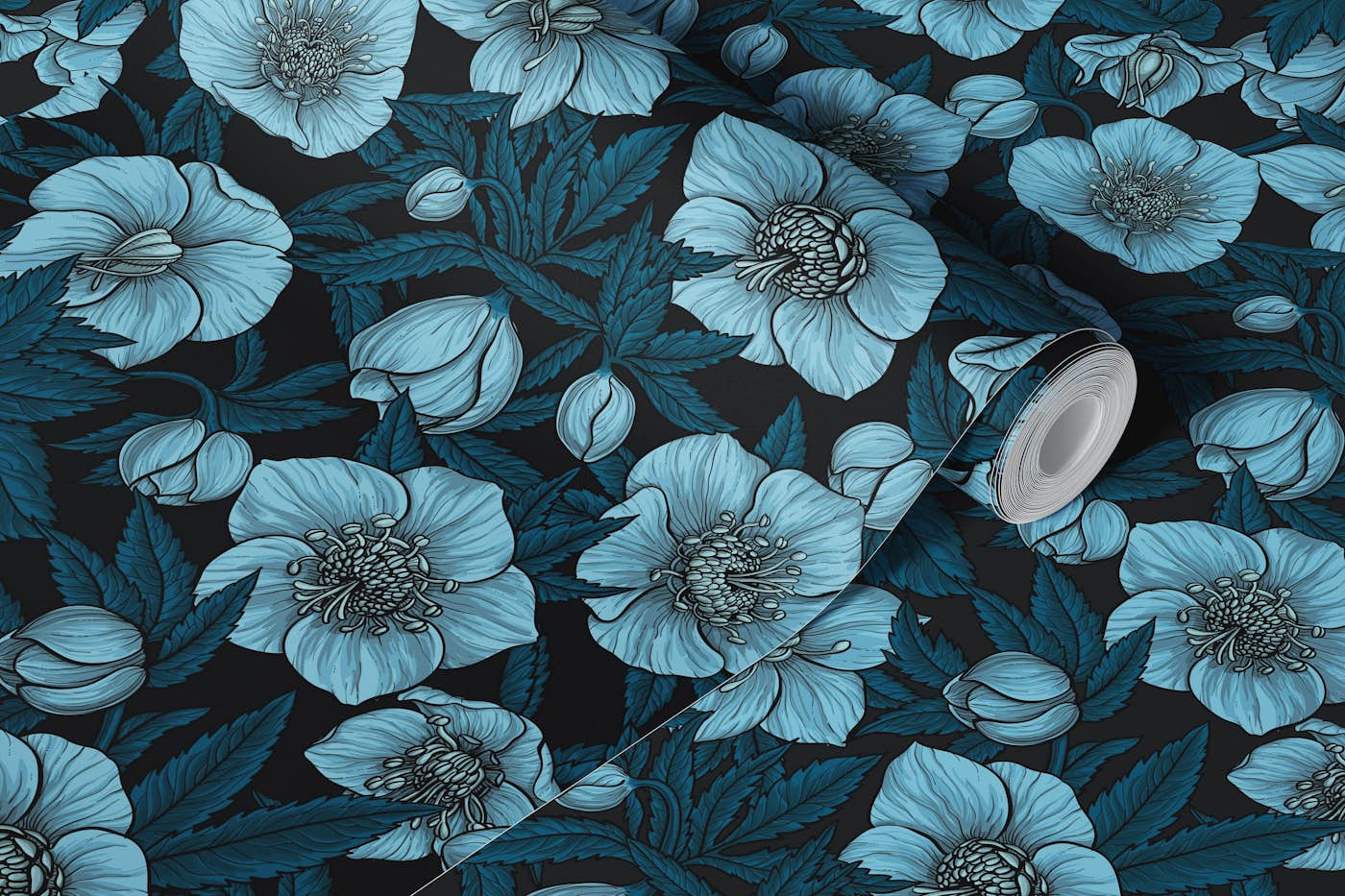 Hellebores in blue wallpaper roll