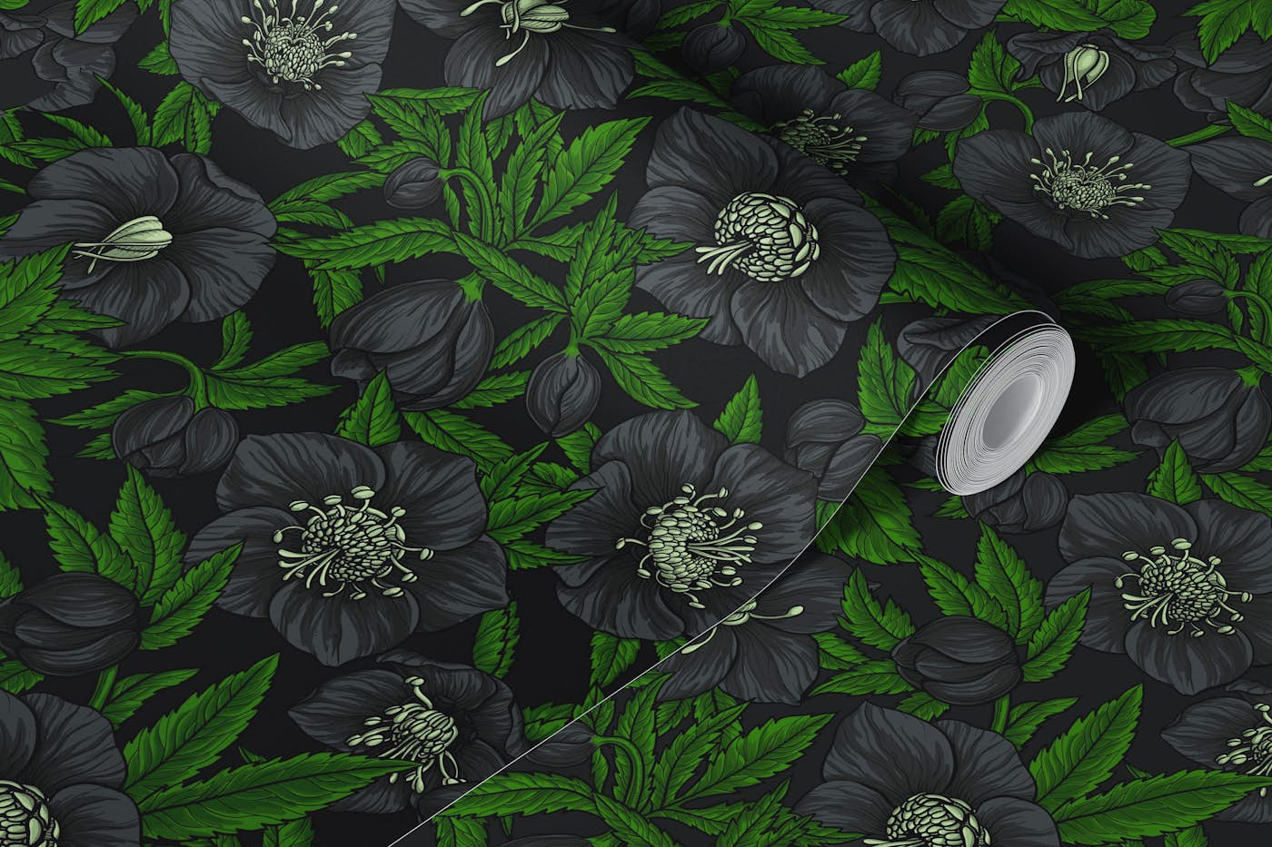 Black Hellebores with leaves wallpaper roll