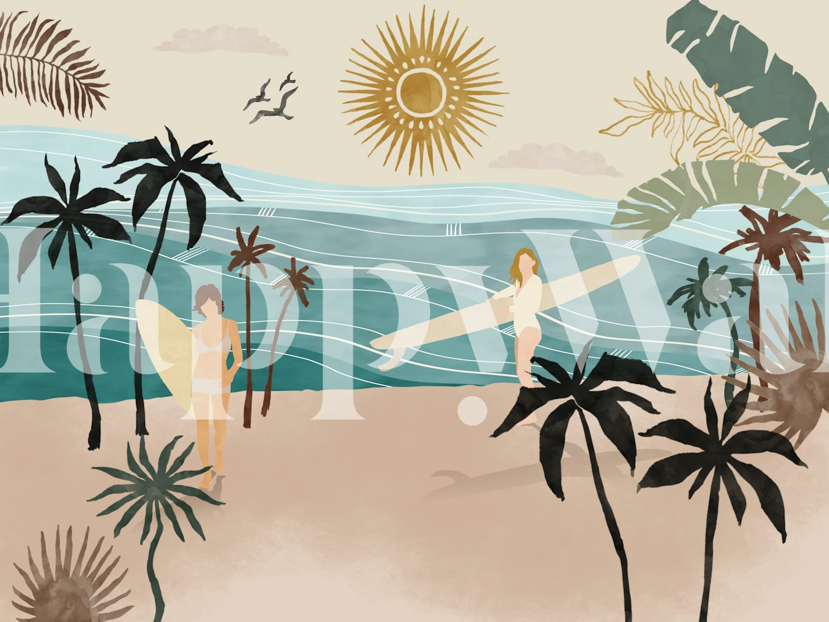 Illustrerende veggmaleri av surfere ved havet blant palmer og en stilisert sol.