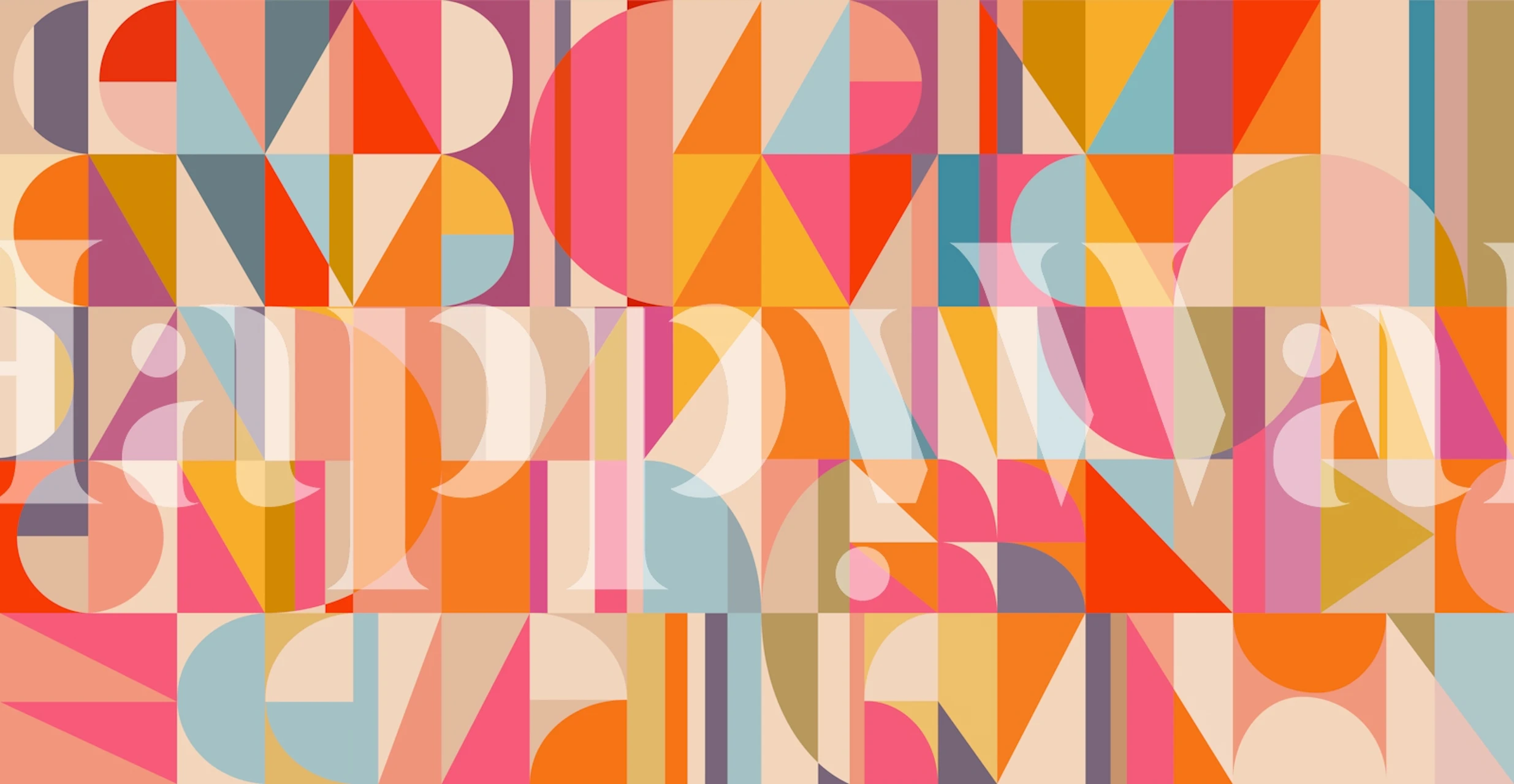Geometric shapes in bright orange, pink, blue, and warm tones wallpaper