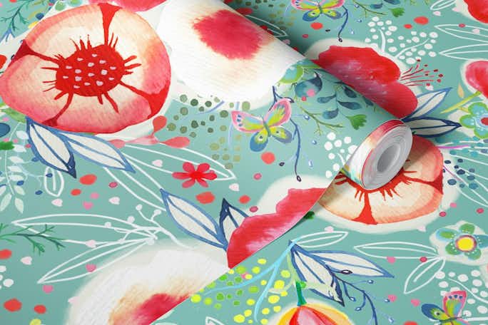 in full bloom watercolor garden mintwallpaper roll