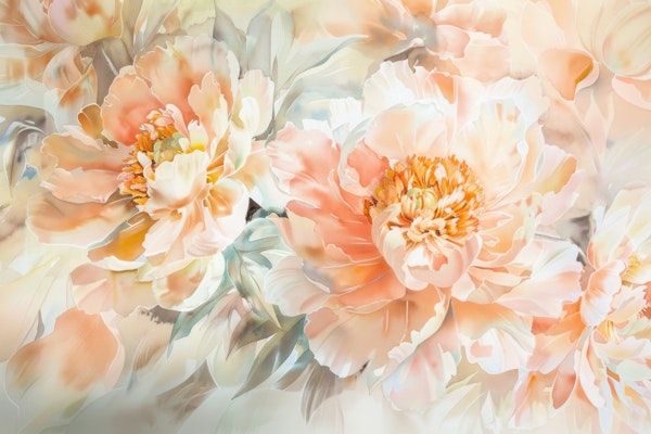 Watercolor Peach Peonies Garden