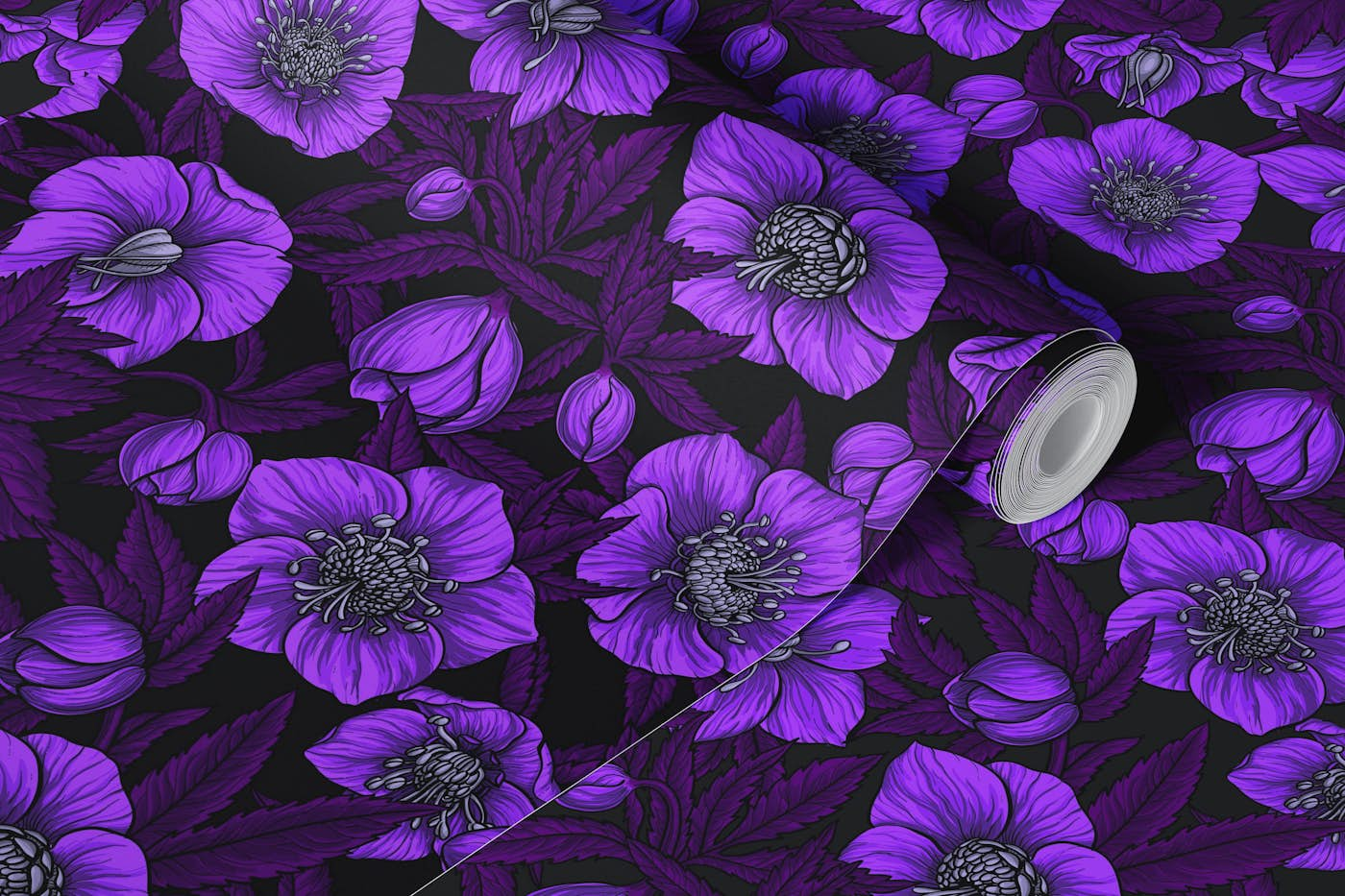 Violet Hellebores with magena leaves wallpaper roll