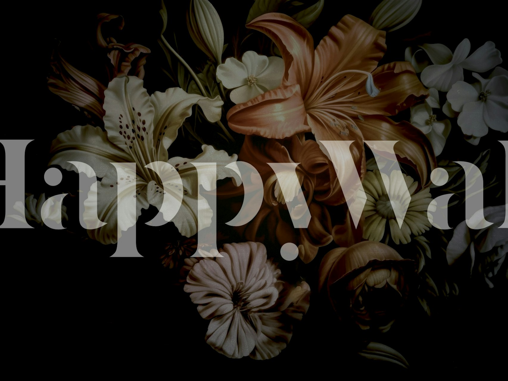 Dark floral wallpaper with large cream and orange flowers on a black background