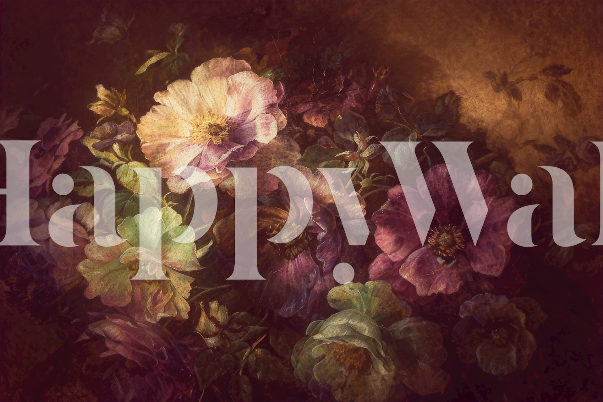 Dark floral wallpaper with large cream and orange flowers on a black background