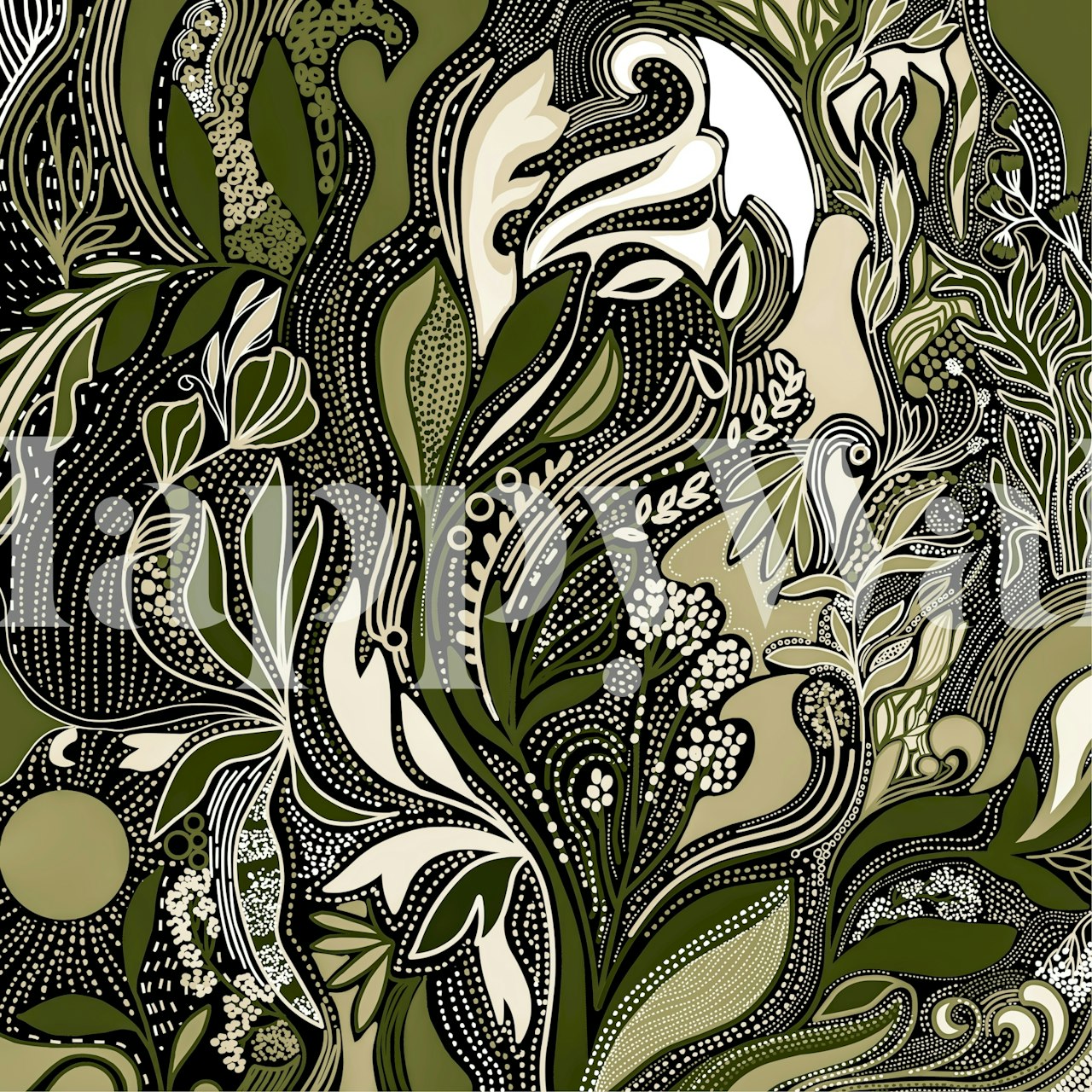Botanical pattern in green and beige tones wallpaper