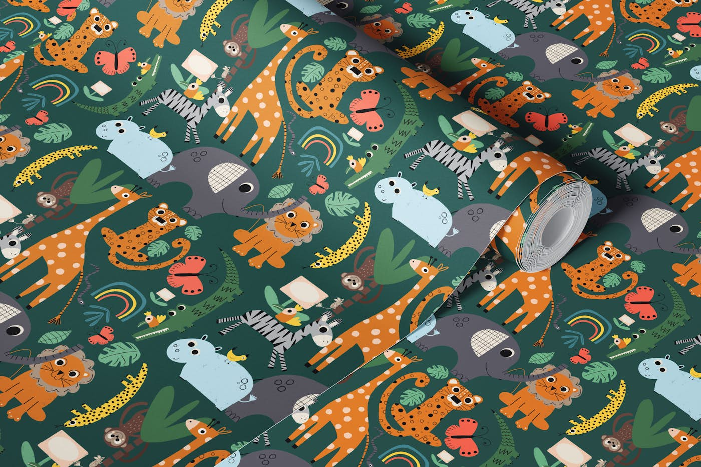 Kawaii Safari Cute Animals Green wallpaper roll