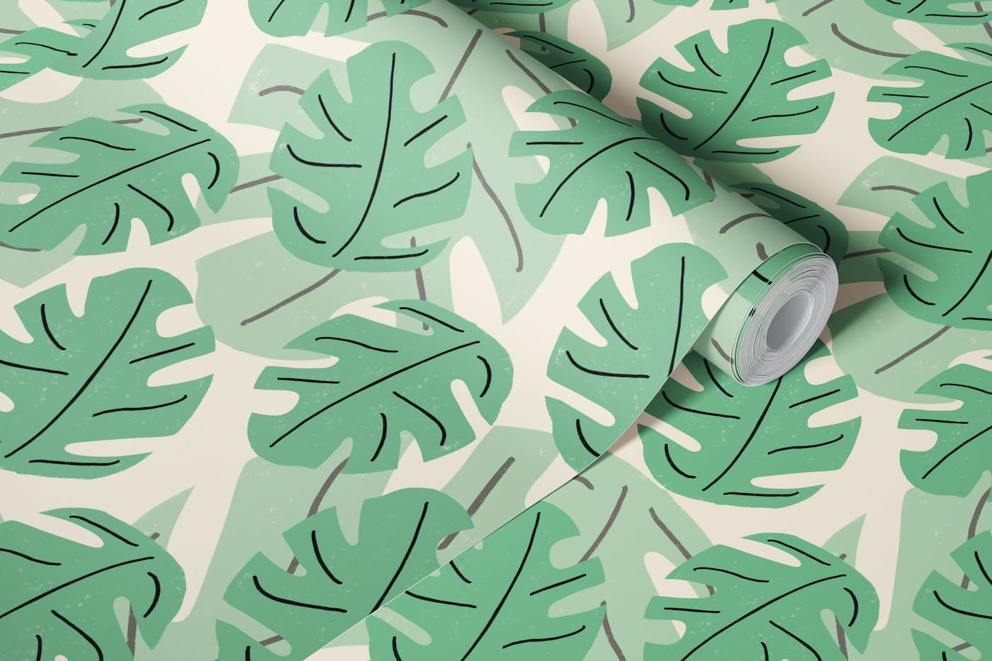 Tropical monstera leaves beige wallpaper roll