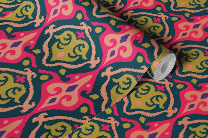 JAVA Boho Ikat Woven Texture Small Pink Greenwallpaper roll