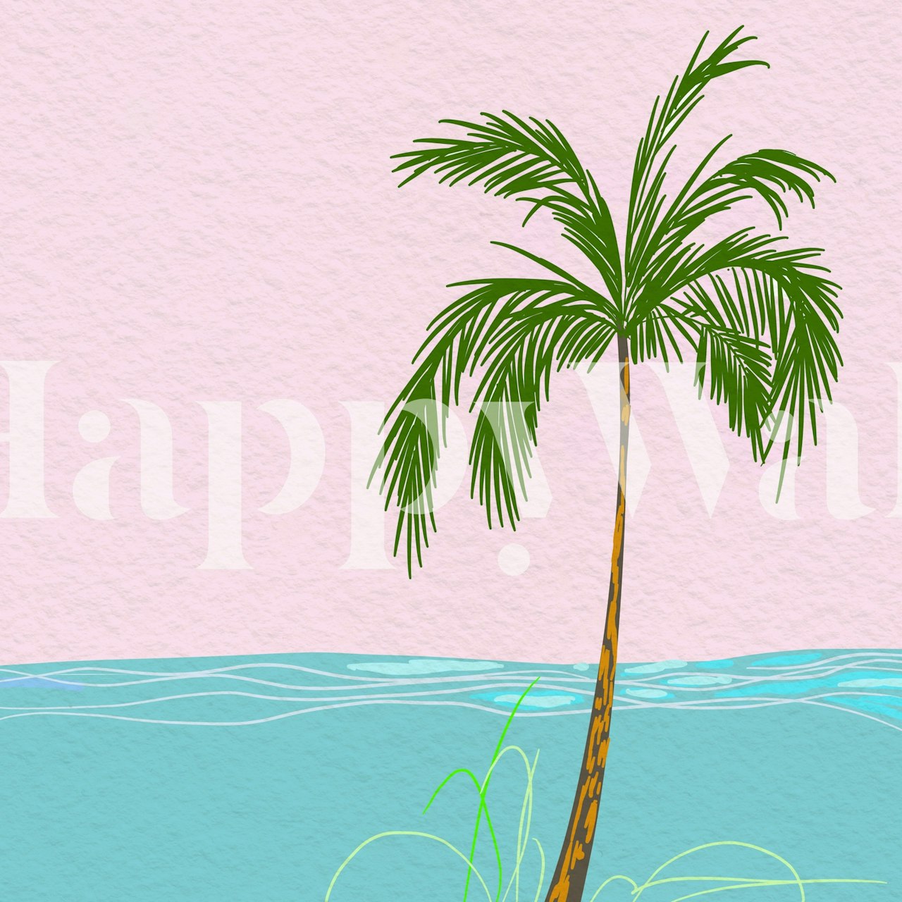 Εικονογράφηση μιας μοναχικής παλάμης σε ένα Tropical Place με ροζ φόντο και μπλε νερό
