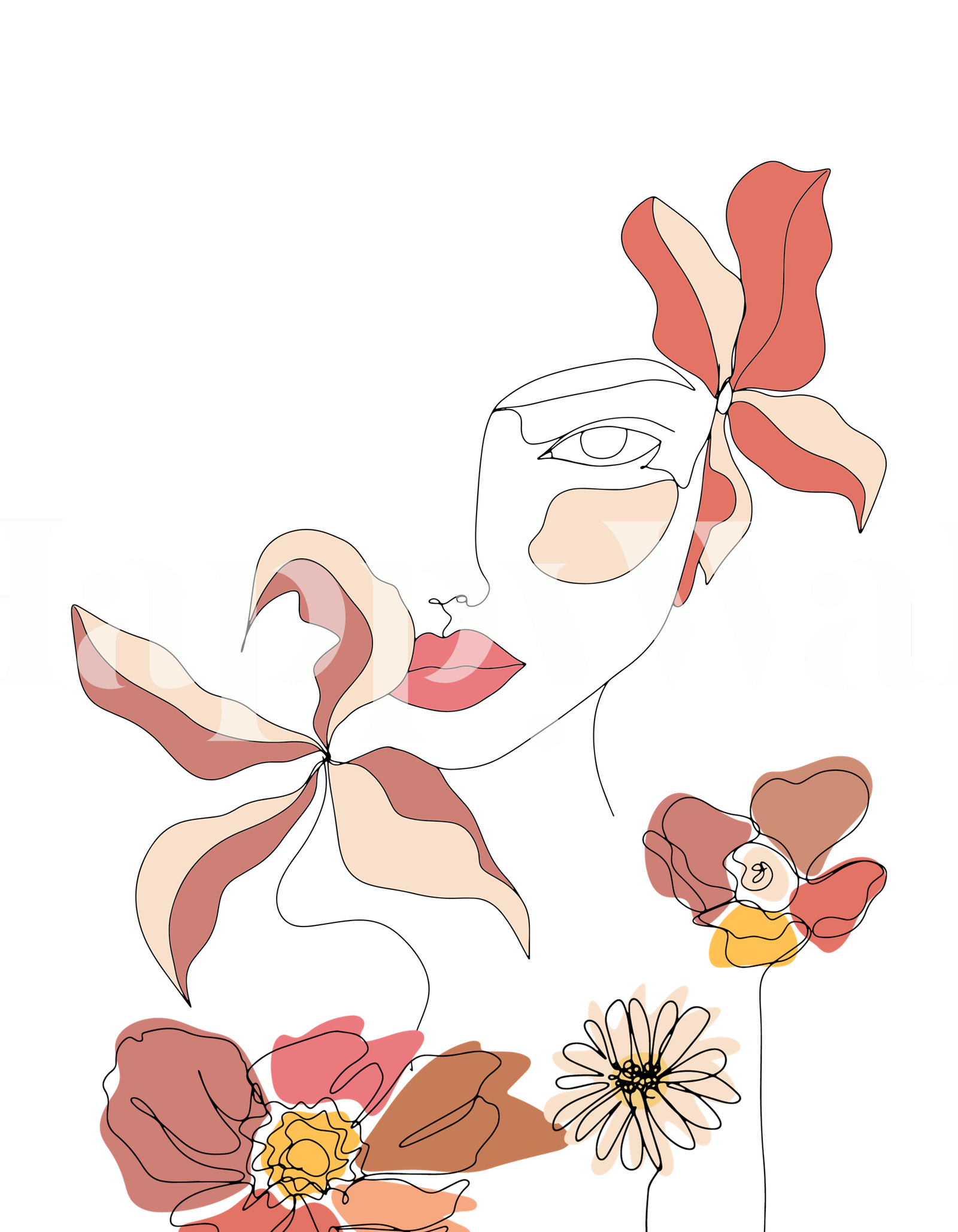 Line Art Woman With Flowers Tapet Fototapet Happywall