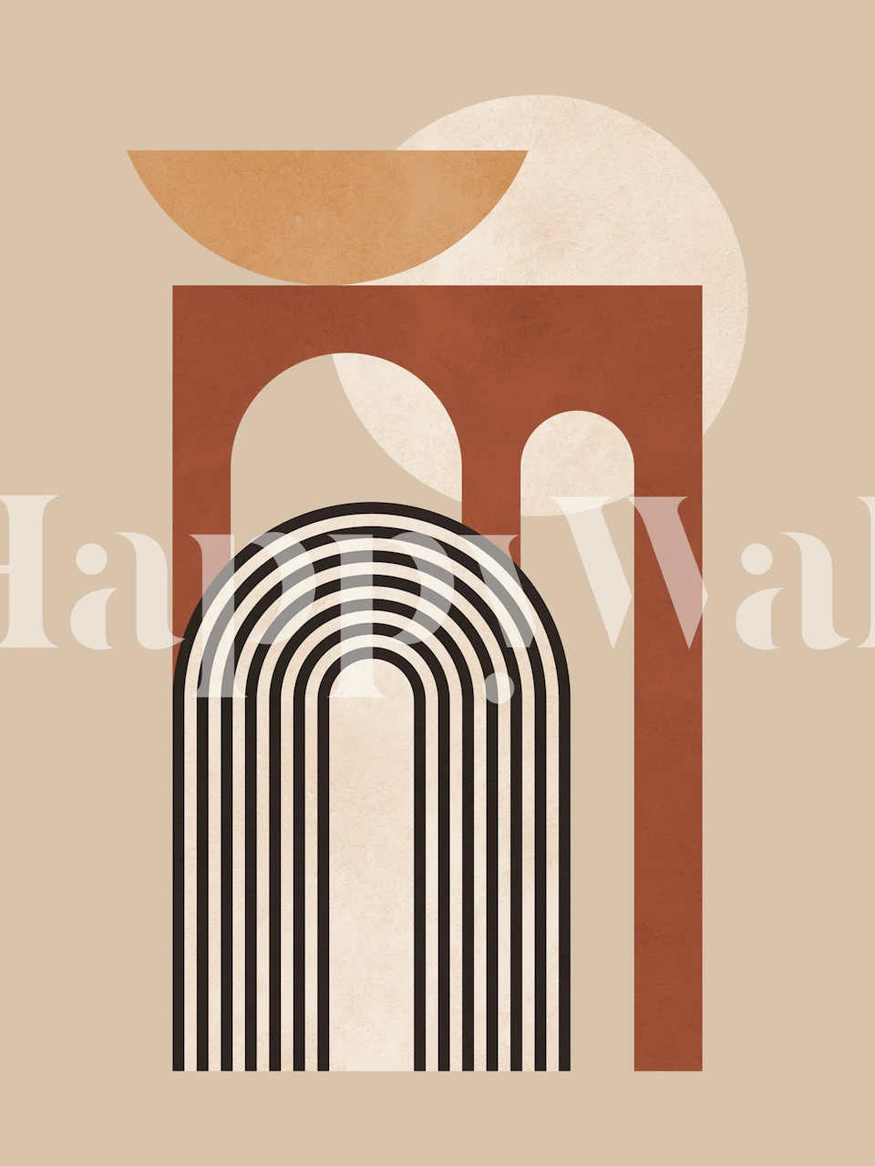 Abstract architectural wall mural featuring geometric shapes and arches in warm tones