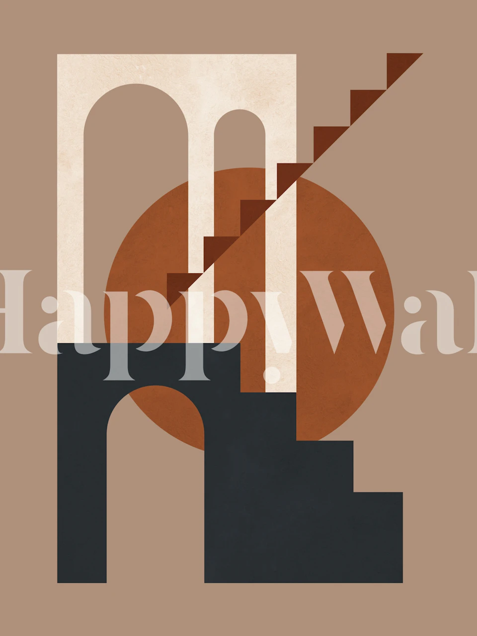 Geometric architectural design featuring arches and stairs in earth tones wallpaper.