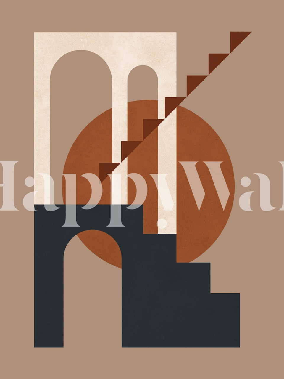 Geometric architectural design featuring arches and stairs in earth tones wallpaper.