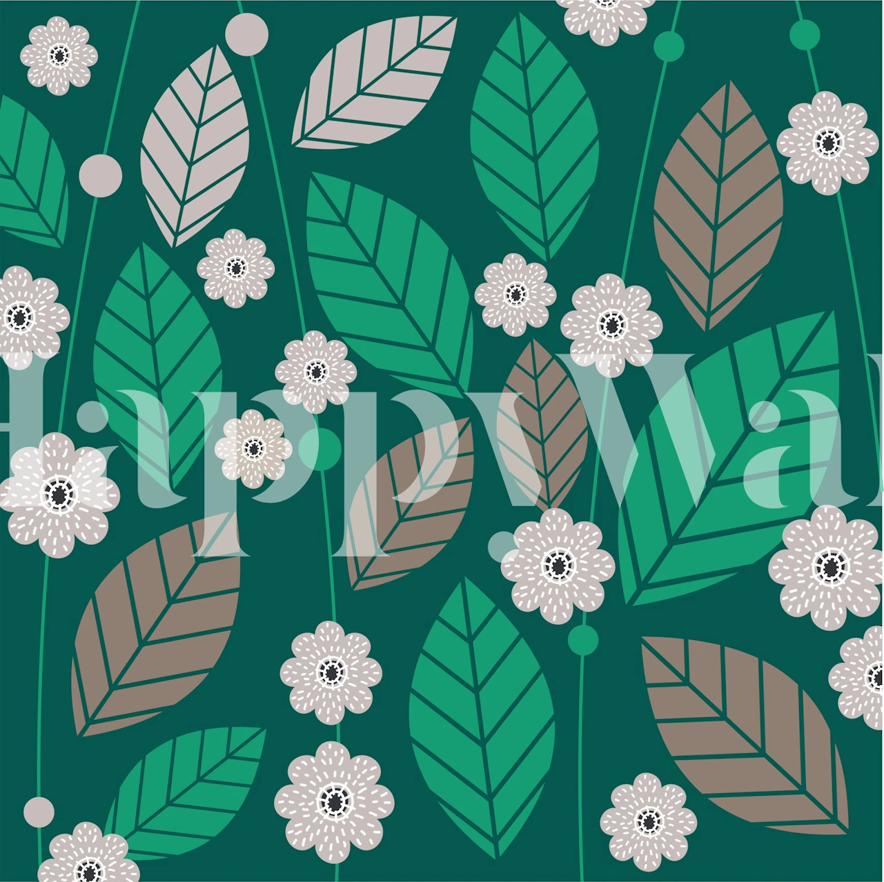 Forest Green Leaves Flowers Pattern wall mural featuring green foliage and white flowers on a dark background.