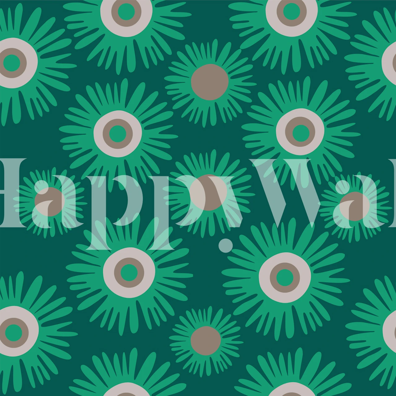Green daisy floral pattern wallpaper with circular designs on dark jade background