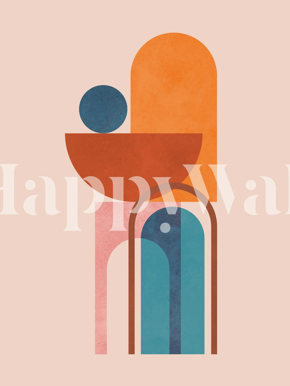 Abstract geometric shapes in warm colors; orange, blue, and pink; modern wallpaper