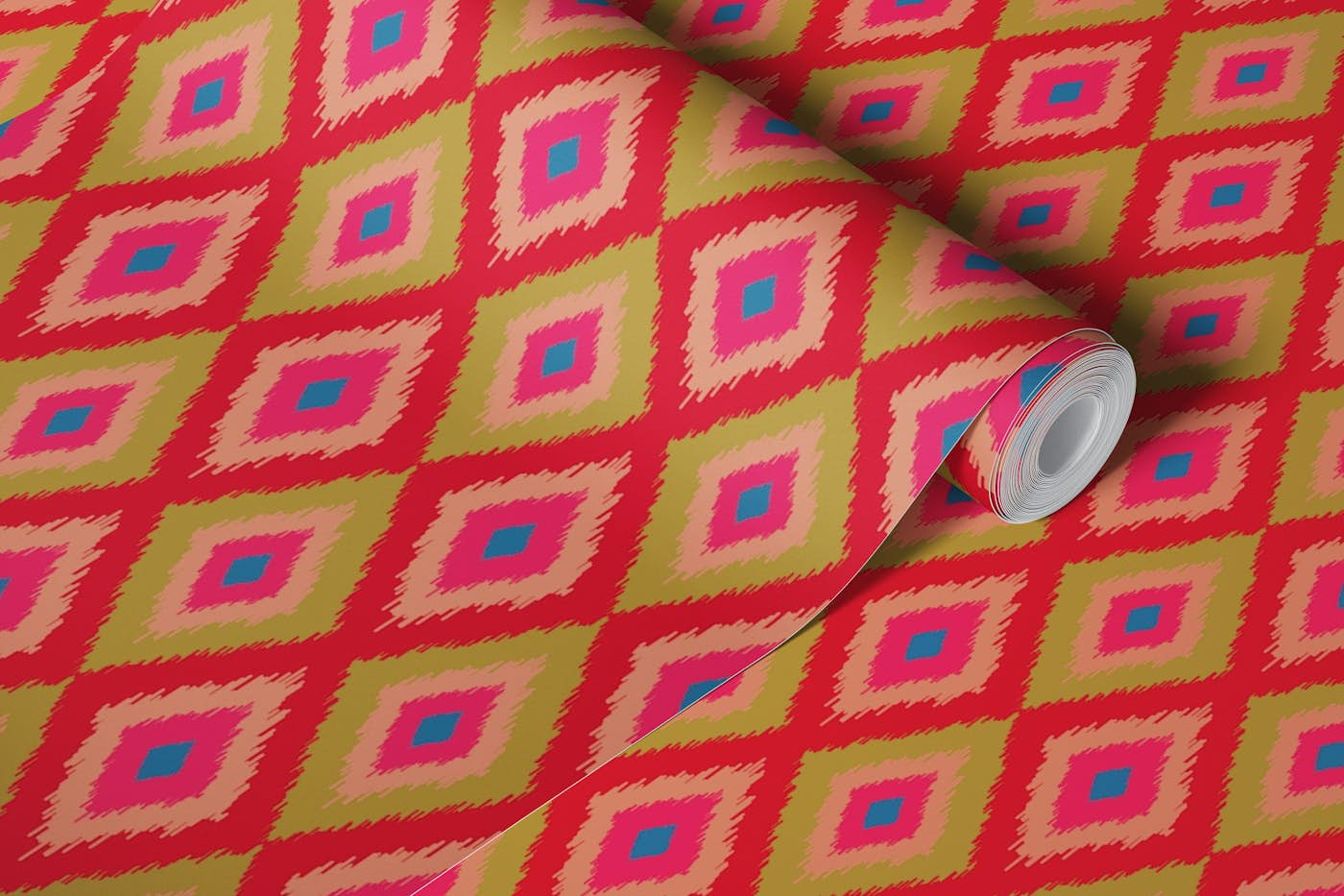 DIAMOND IKAT Boho Woven Exotic Red Green Pink wallpaper roll