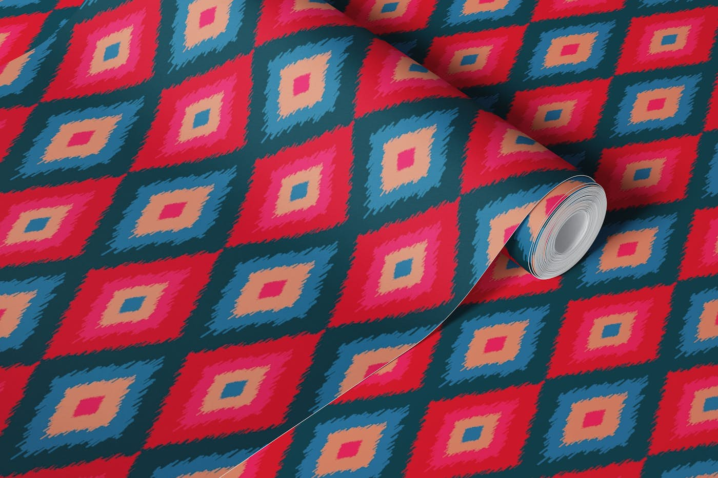 DIAMOND IKAT Boho Woven Exotic Blue Red Pink wallpaper roll