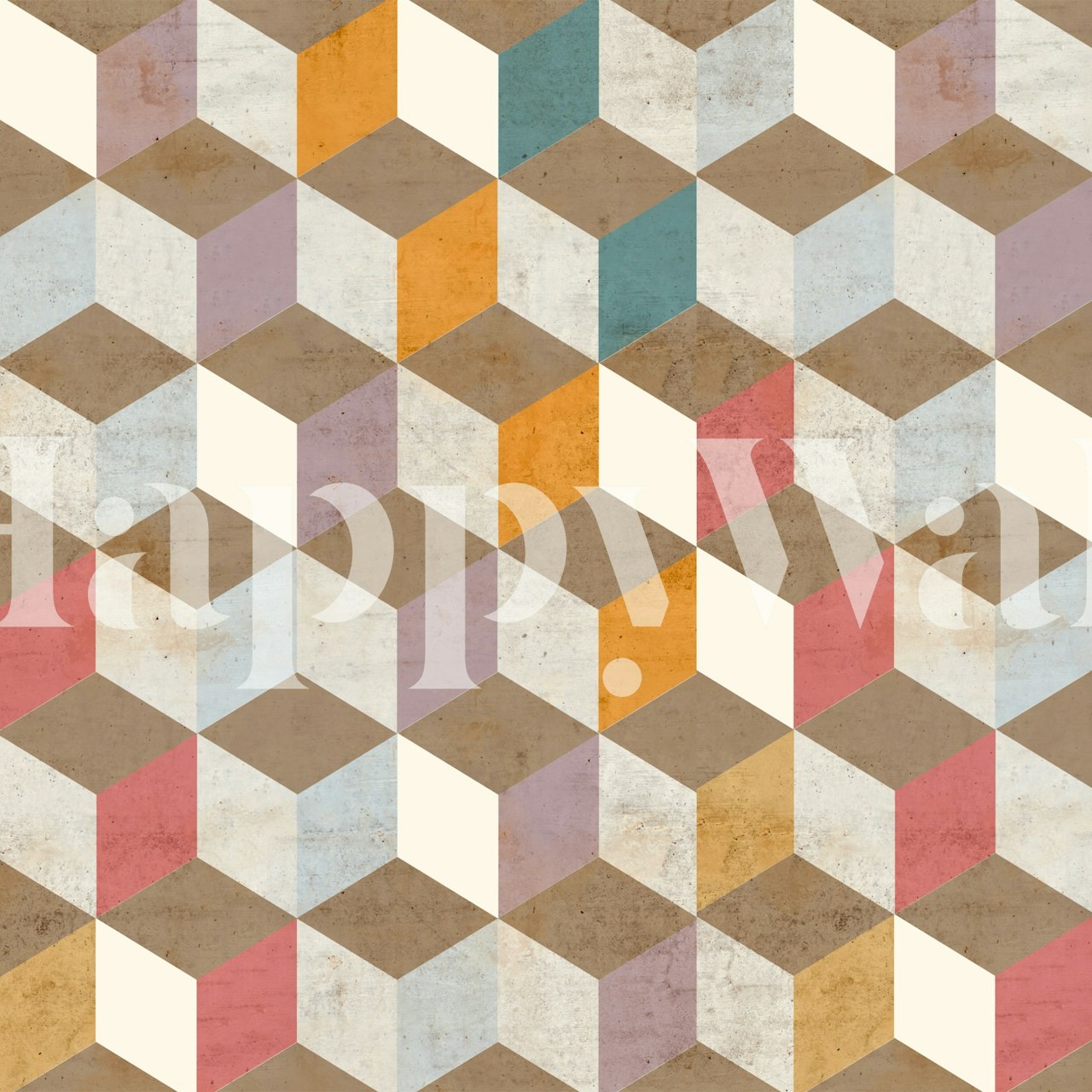 Colorful geometric shapes in brown, cream, pink, and blue wallpaper