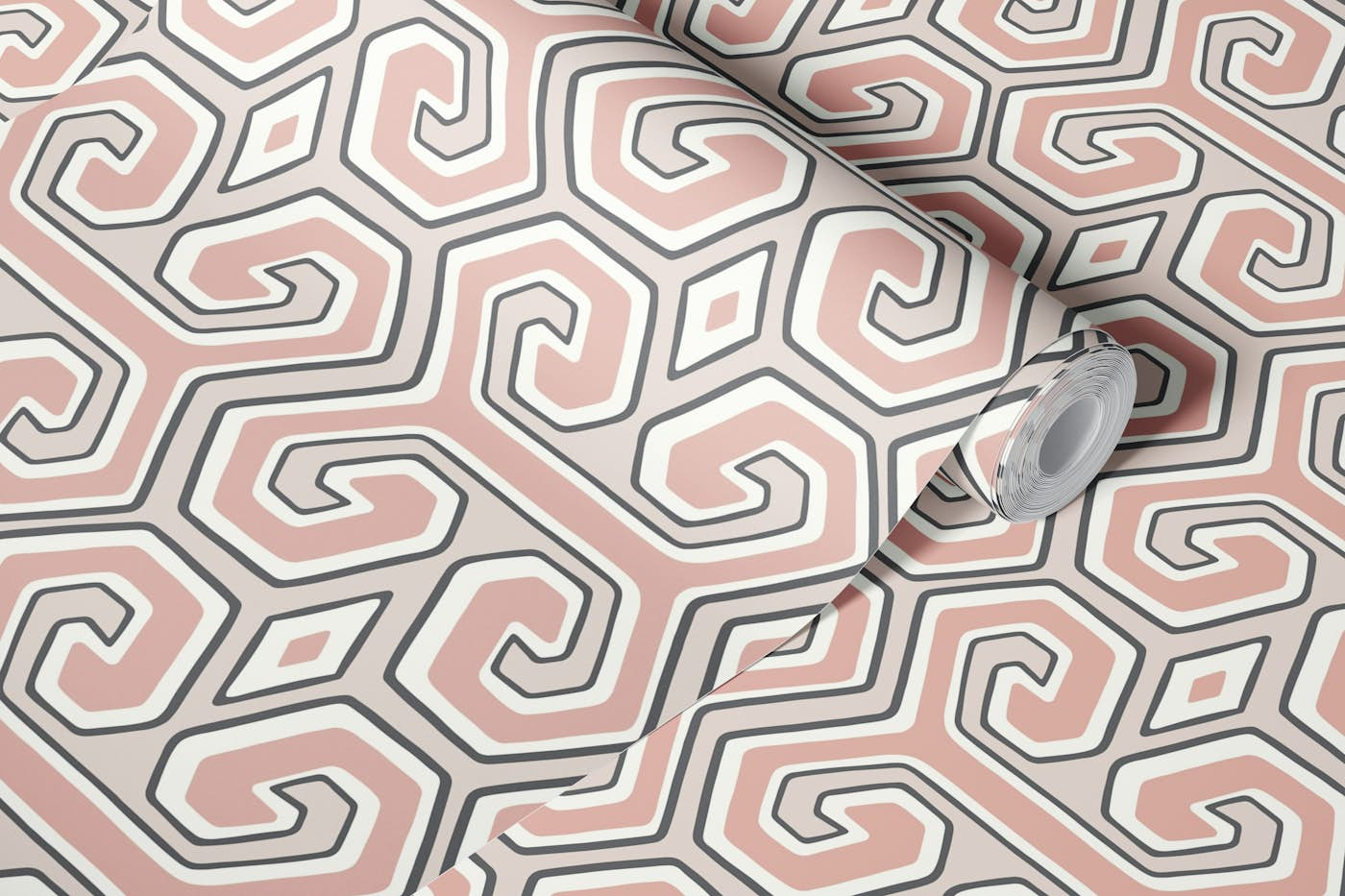 Tribal geometric - parchment and salmon wallpaper roll