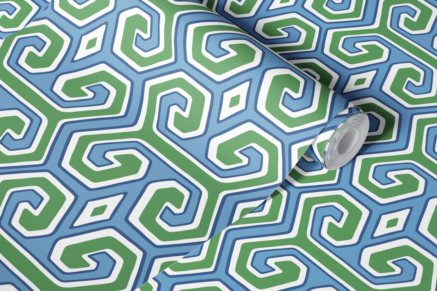 Tribal geometric - blue and green wallpaper roll