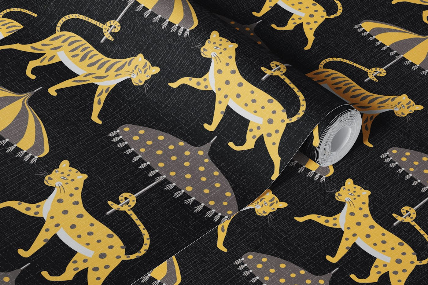 Big cats with parasols - yellow and black wallpaper roll