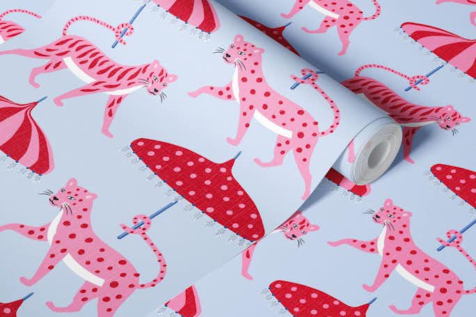 Big cats with parasols - pink red and bluewallpaper roll