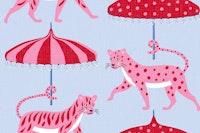 Big cats with parasols - pink red and blue wallpaper