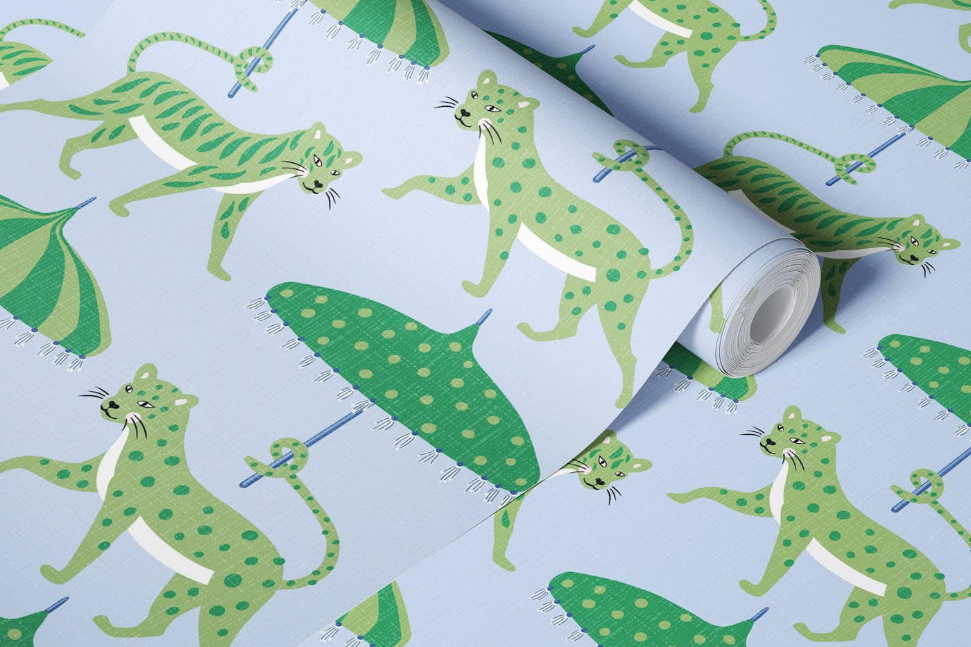 Big cats with parasols - green and blue wallpaper roll