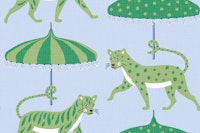 Big cats with parasols - green and blue wallpaper