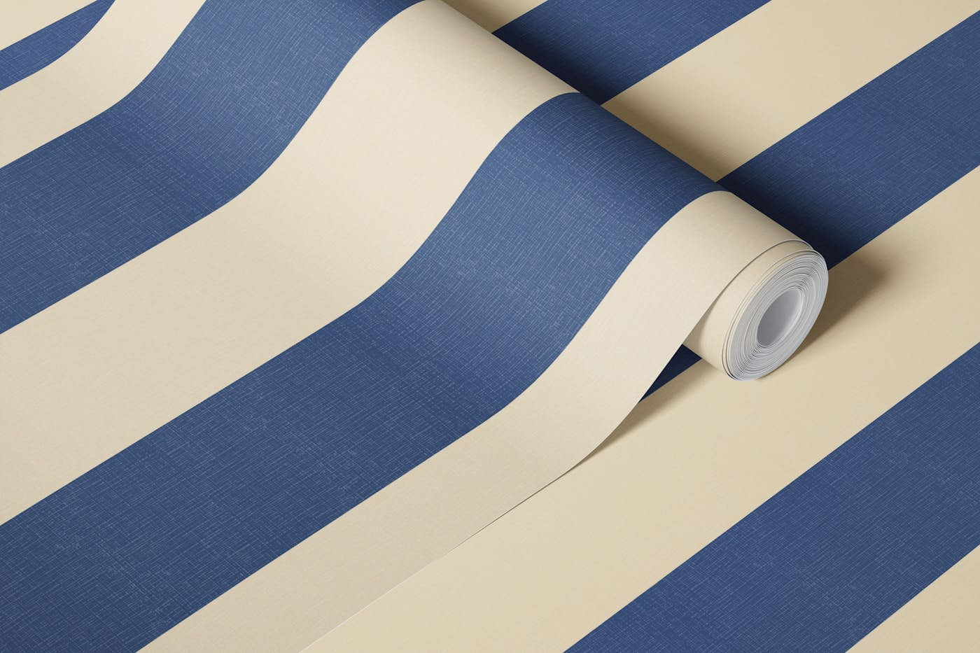 Wide textured stripes - navy blue and beige wallpaper roll