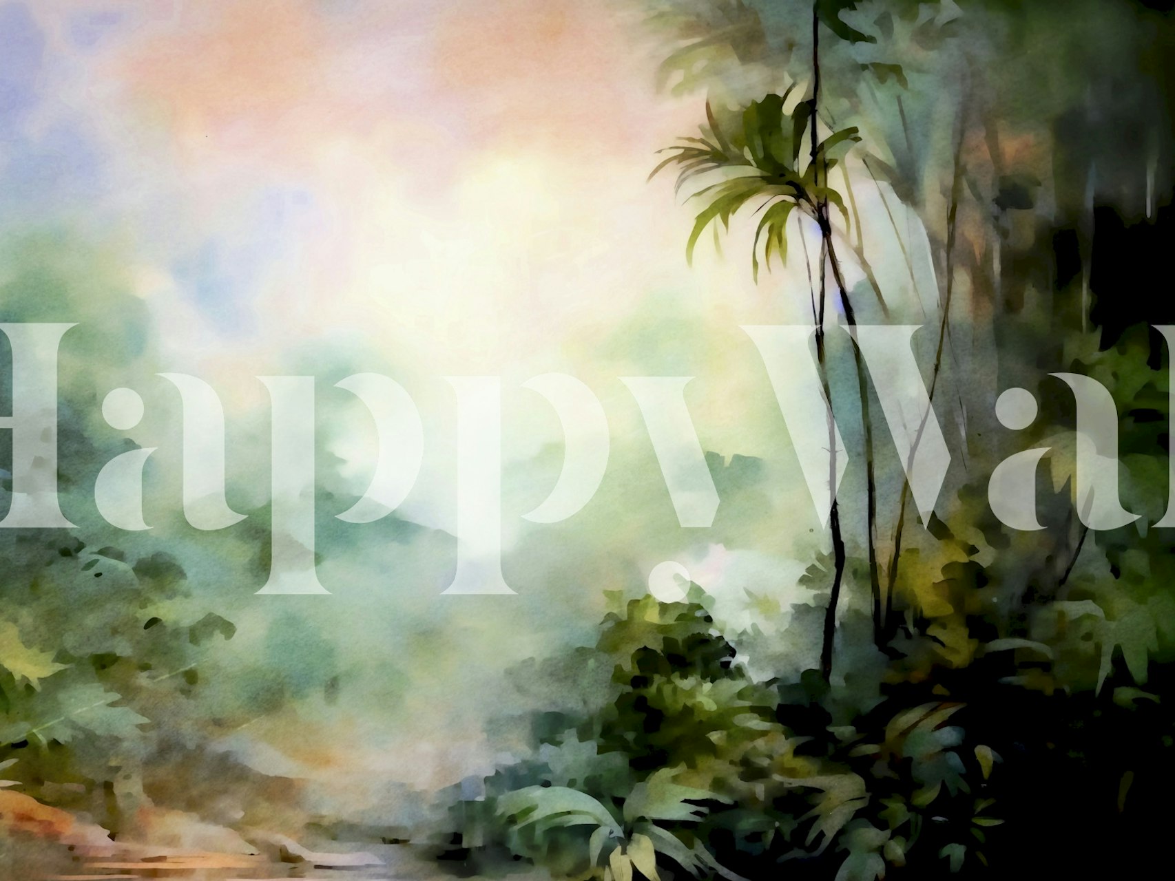 Etherische mist en weelderig groen gebladerte in de Misty Moody Jungle muurschildering