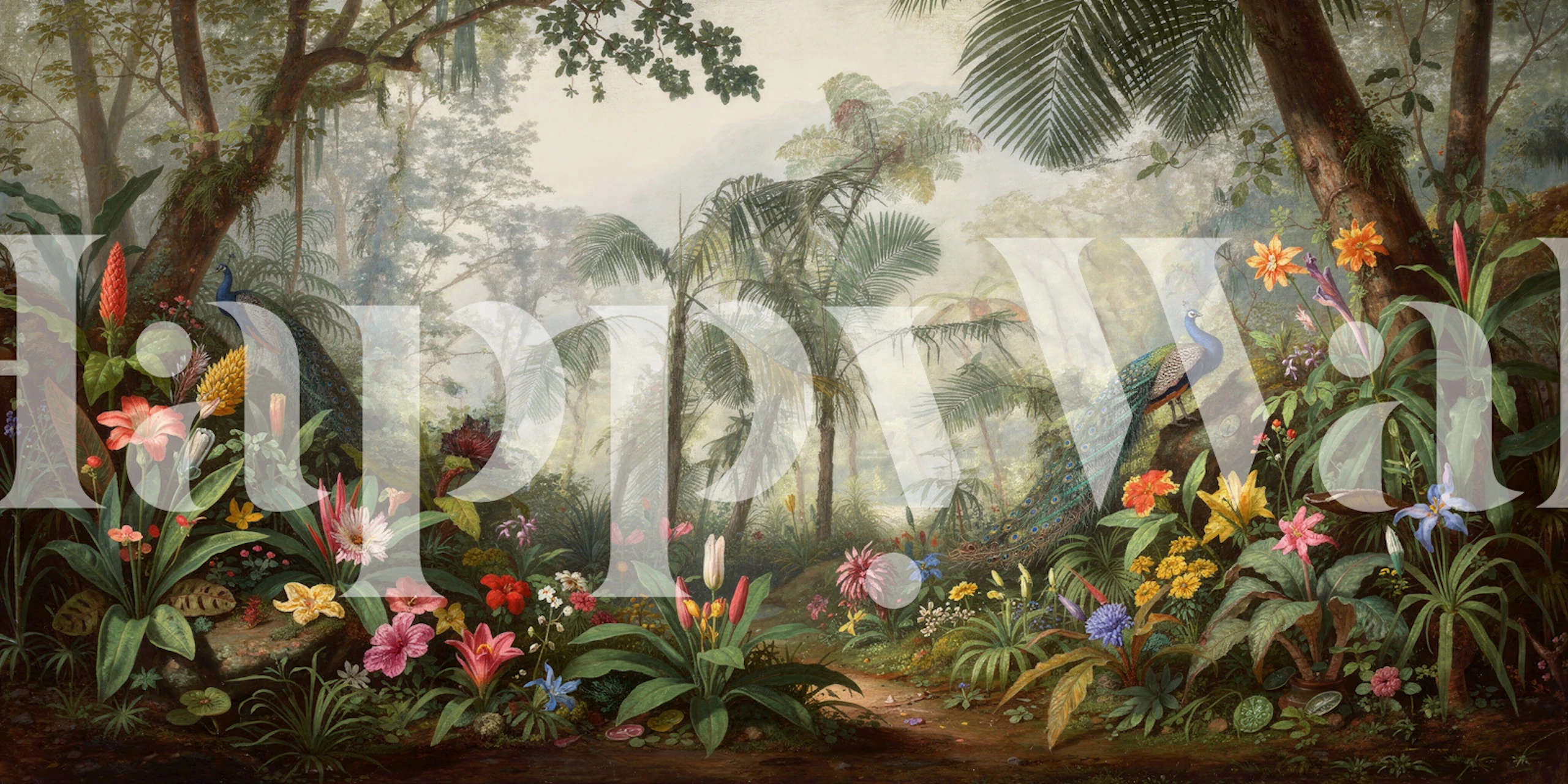 Ethereal mist and lush green foliage in the Misty Moody Jungle wall mural