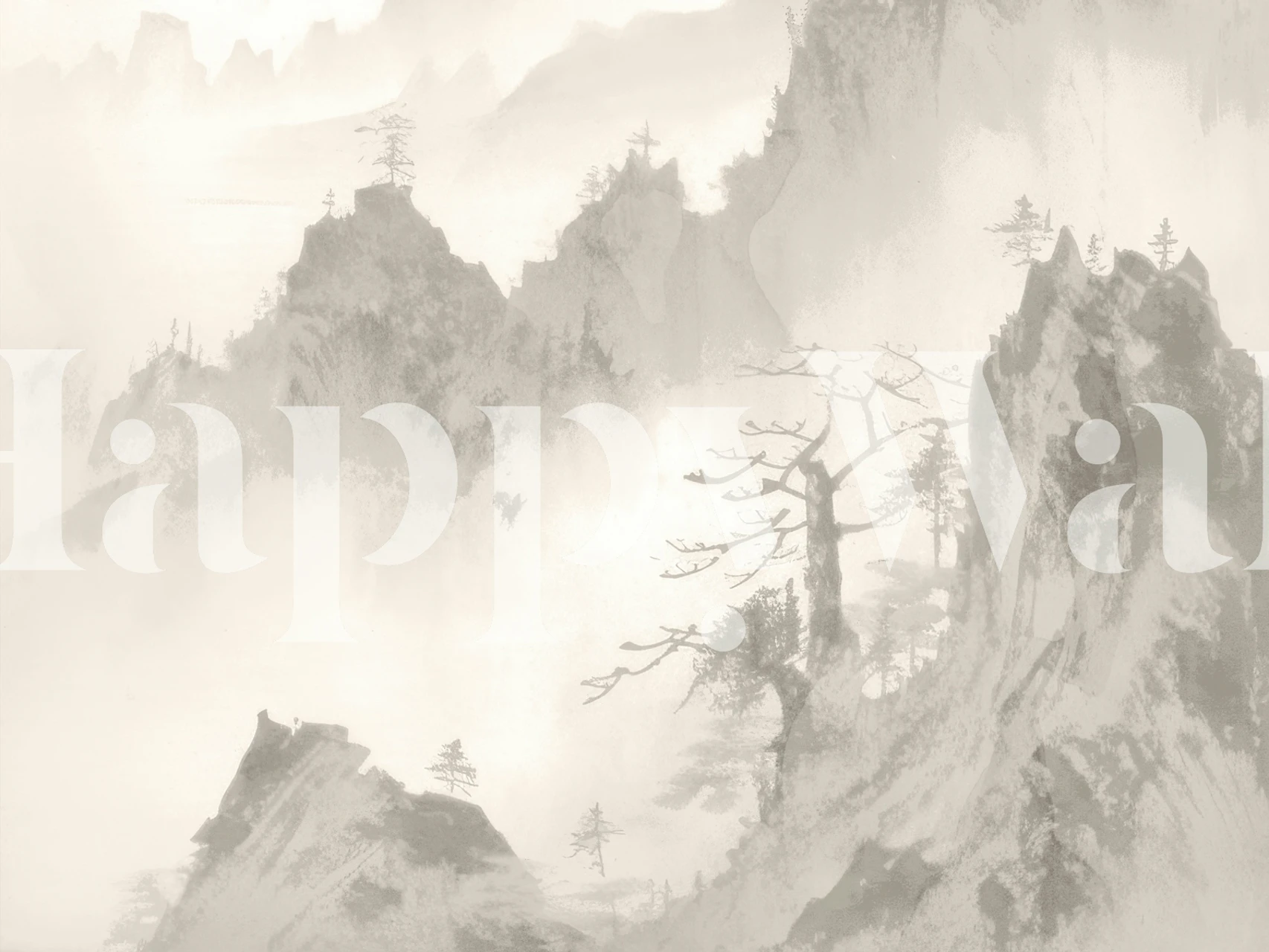 Misty forest landscape with soft gray tones wallpaper