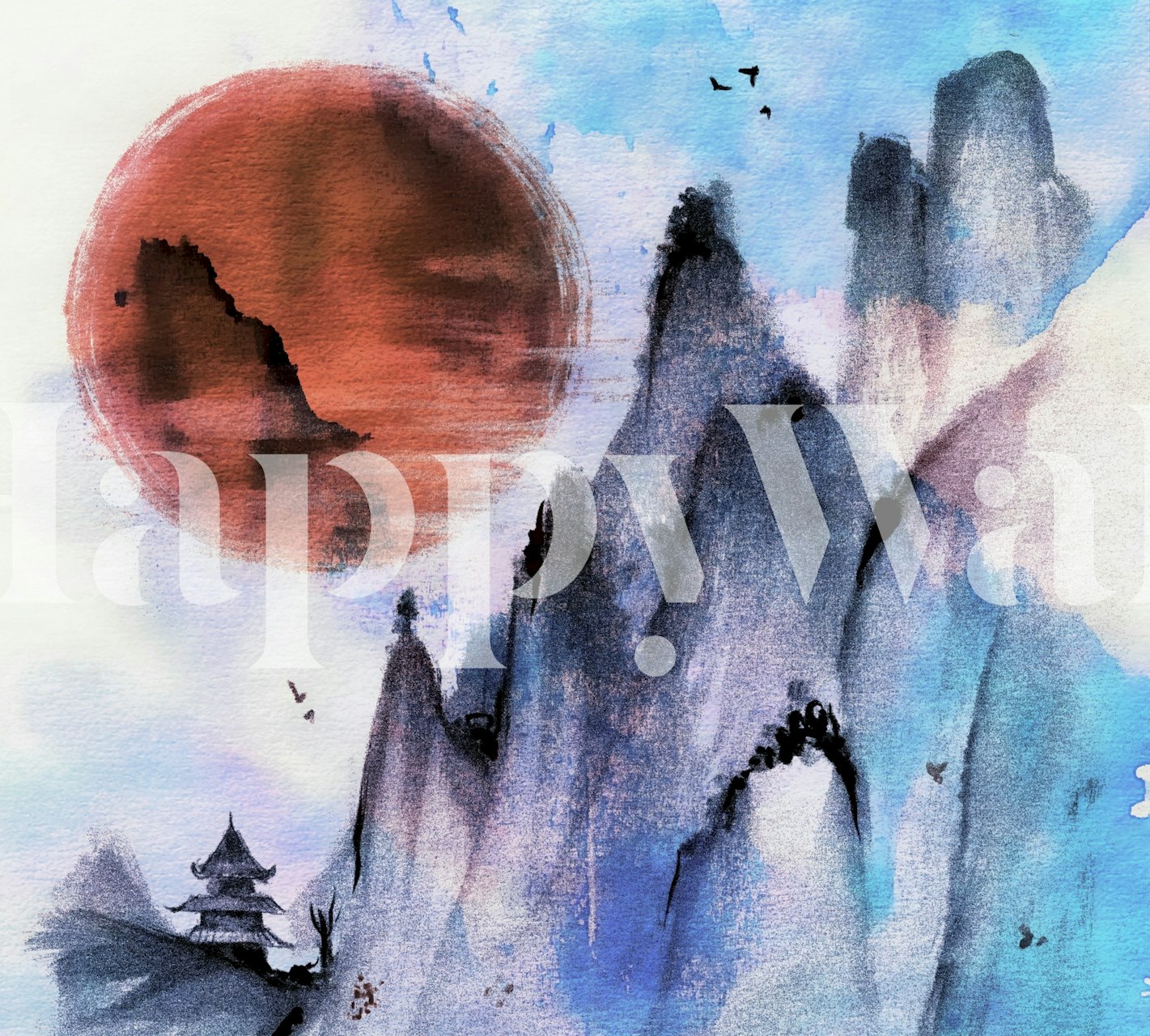 Mountain landscape with a red sun and traditional building wallpaper