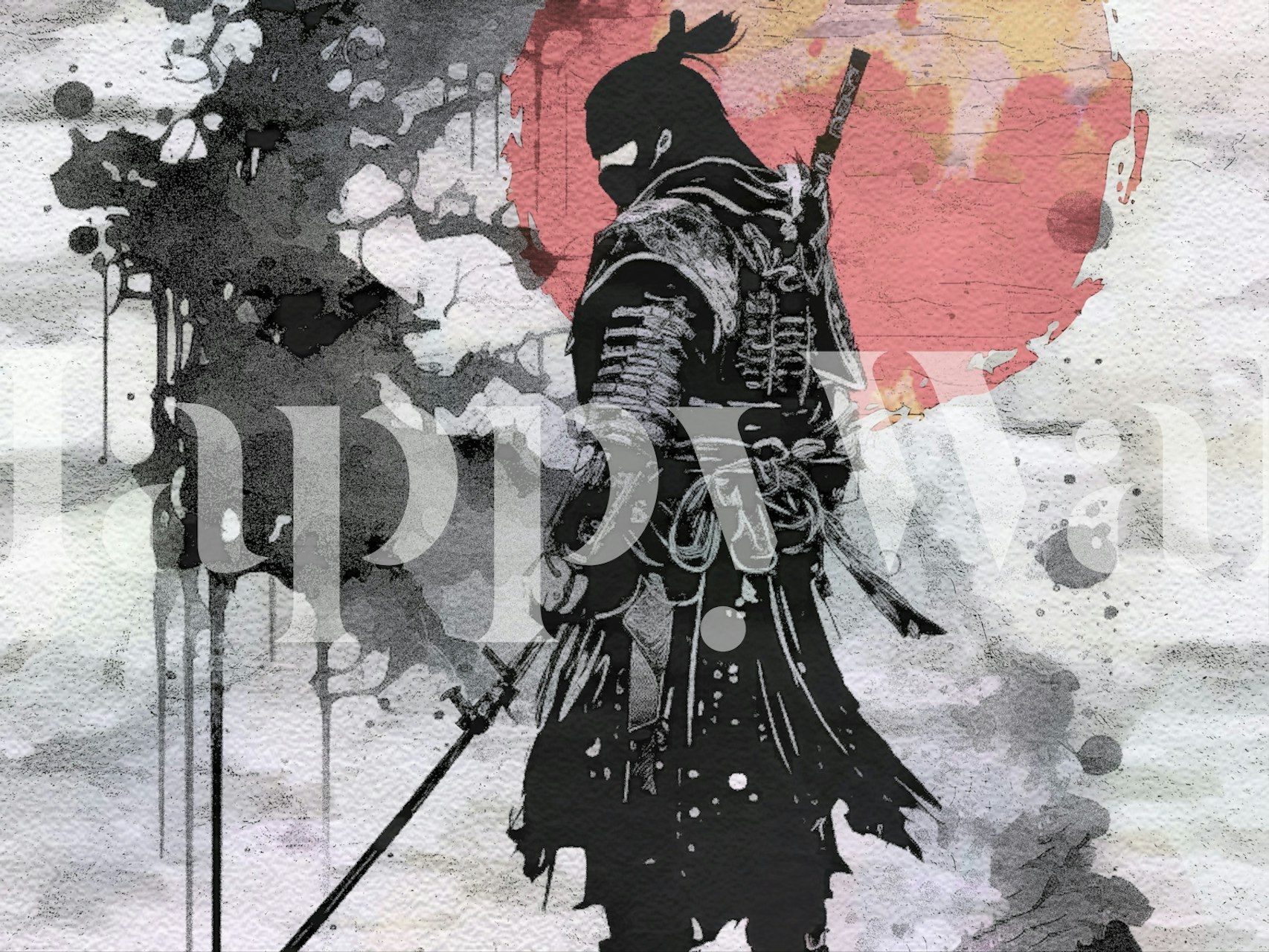 Papel pintado Samurai Grunge mostrado en una habitación
