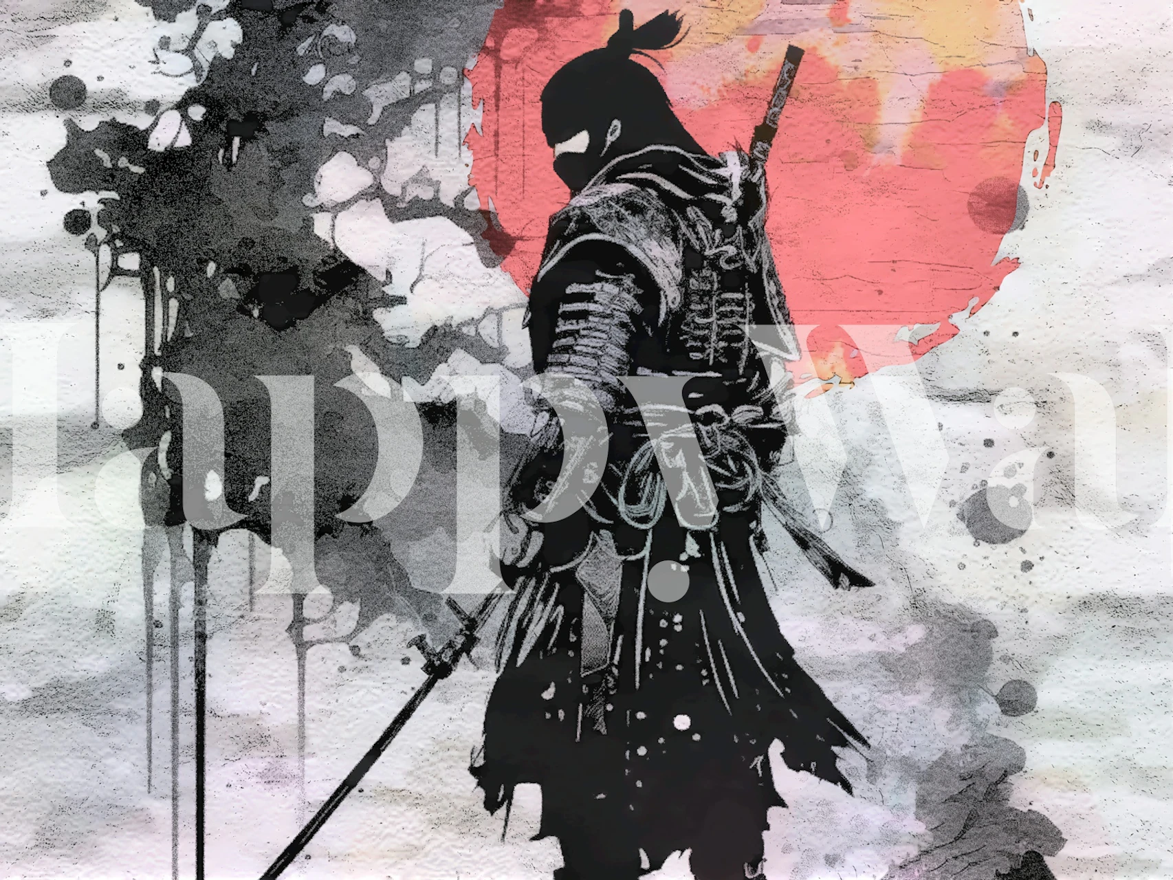 Samurai silhouette with black and red brush strokes wallpaper