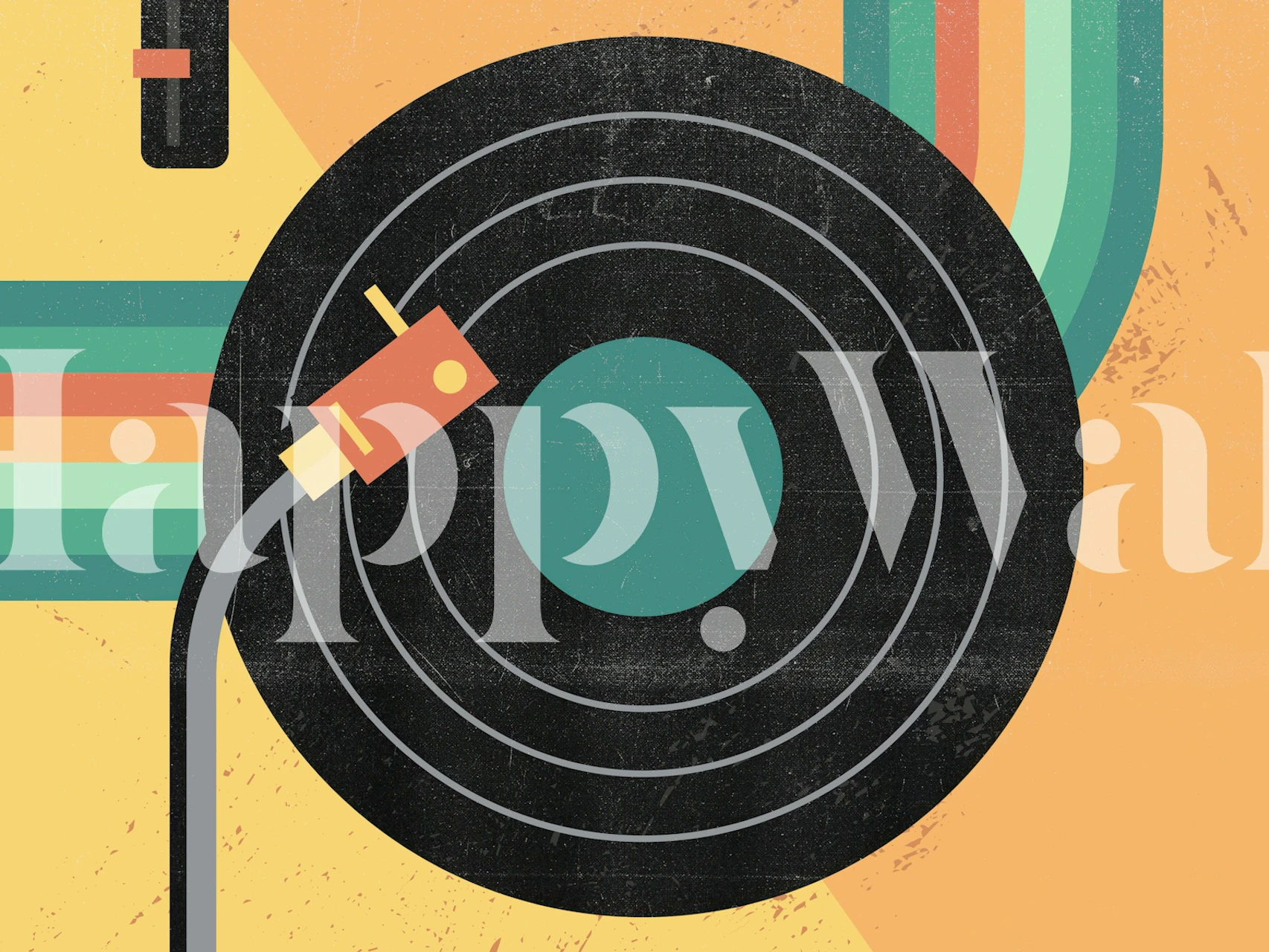 Vinyl record and turntable arm wall mural with colorful geometric background