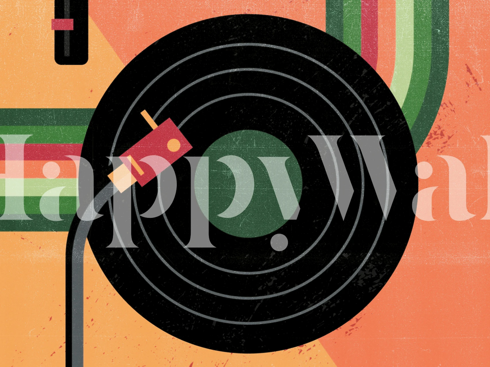 Record player with colorful patterns in orange and green wallpaper