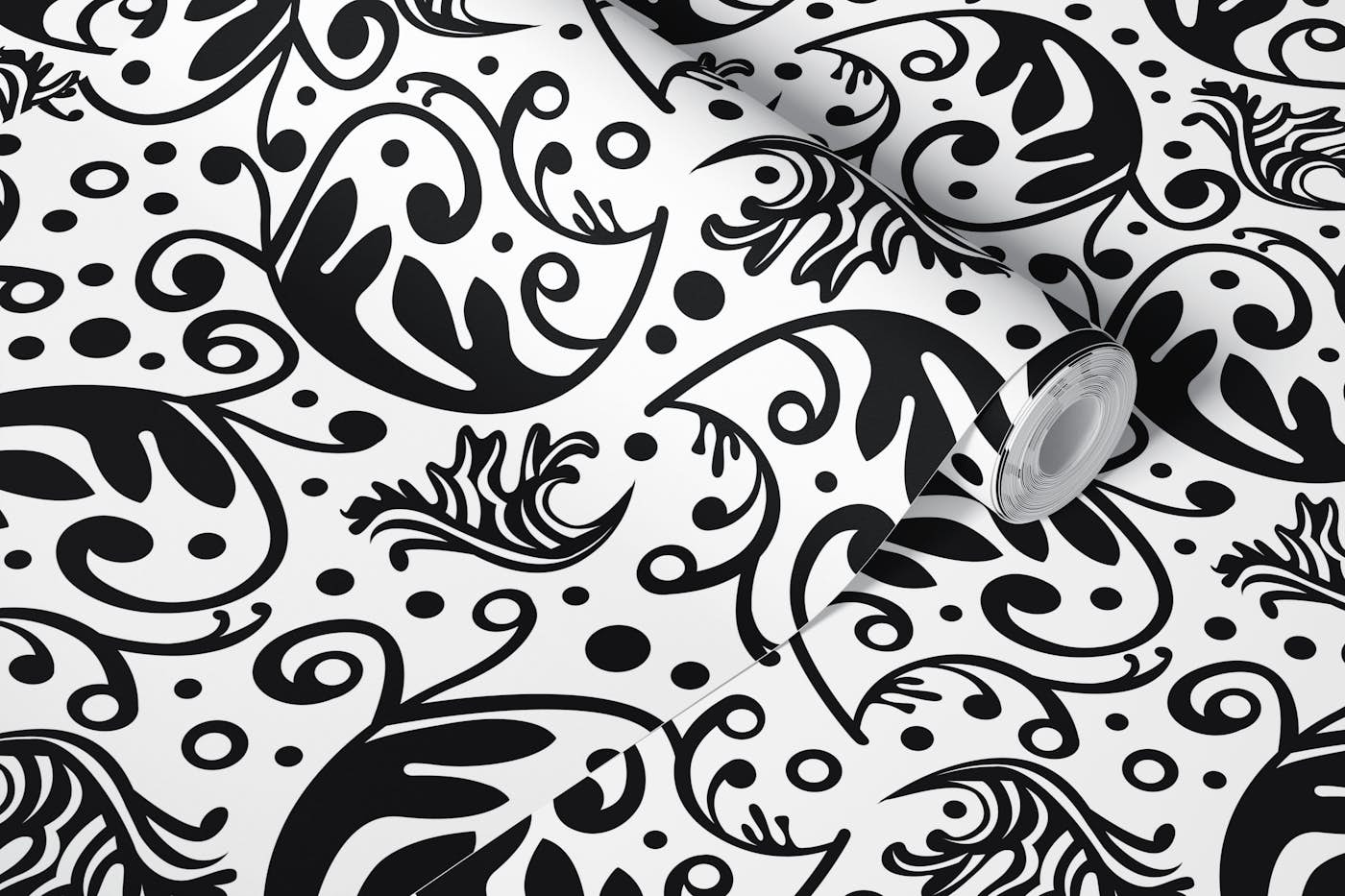 Whimsical Swirl Ornaments Black On White wallpaper roll