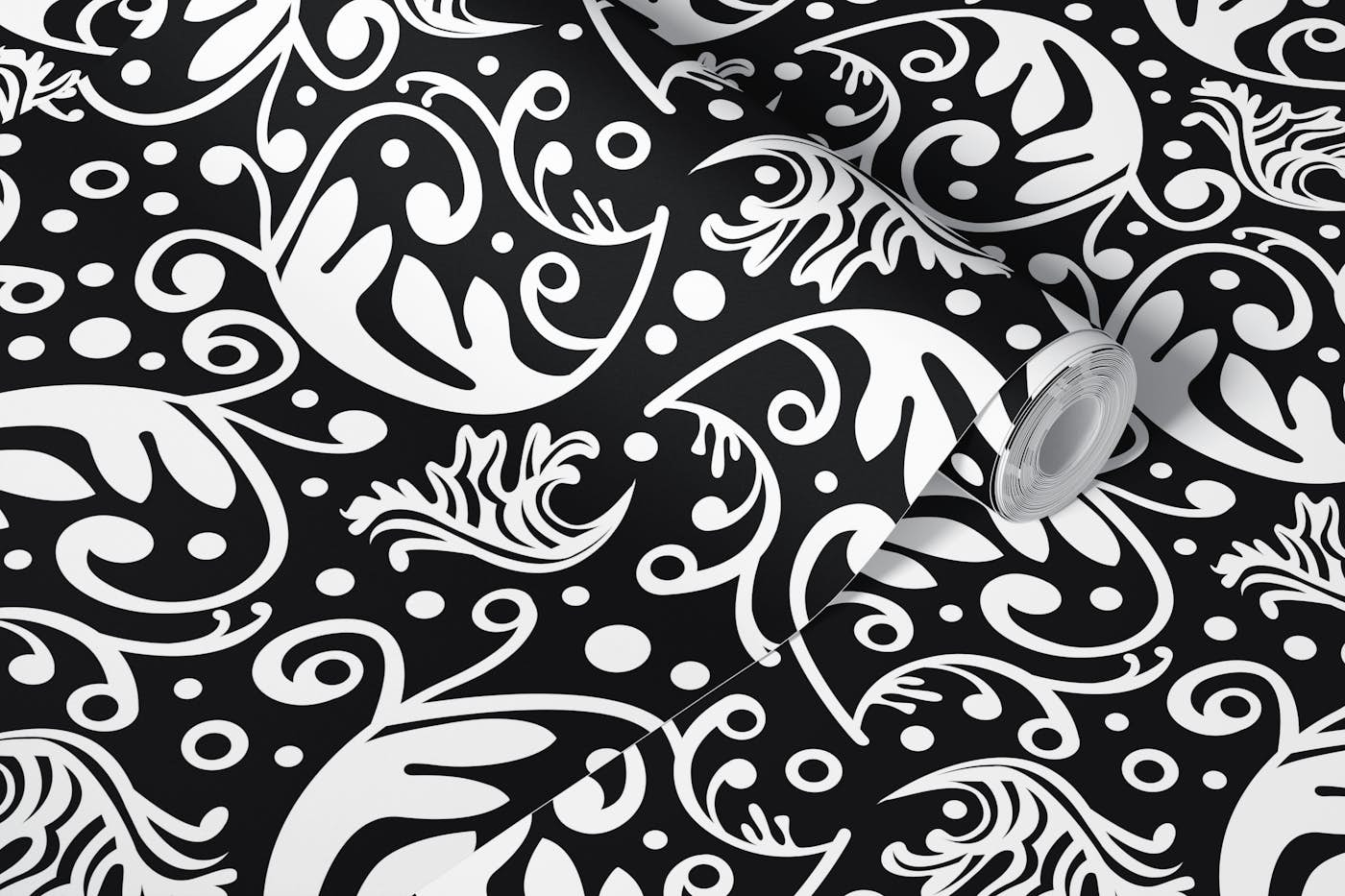 Whimsical Swirl Ornament White On Black wallpaper roll