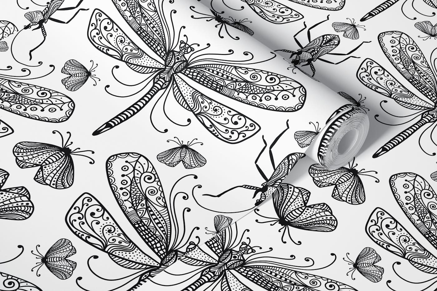 Dragonfly And Moth Doodles Black On White wallpaper roll