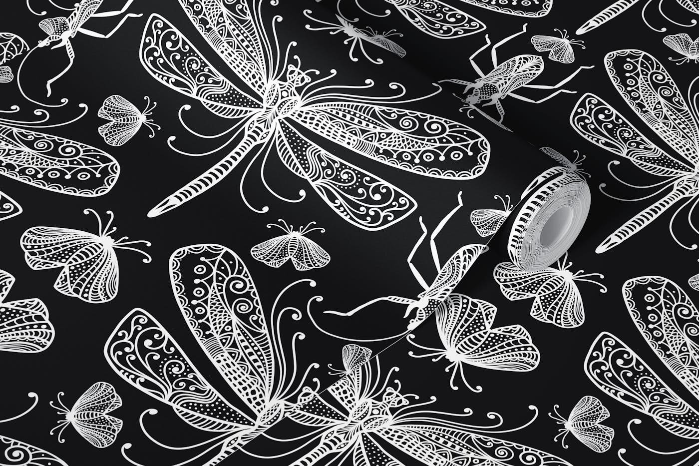 Dragonfly And Moth Doodles White On Black wallpaper roll