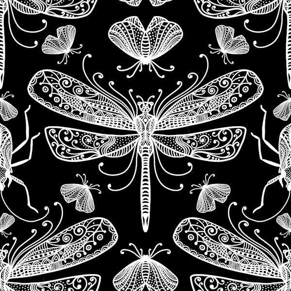 Dragonfly And Moth Doodles White On Black