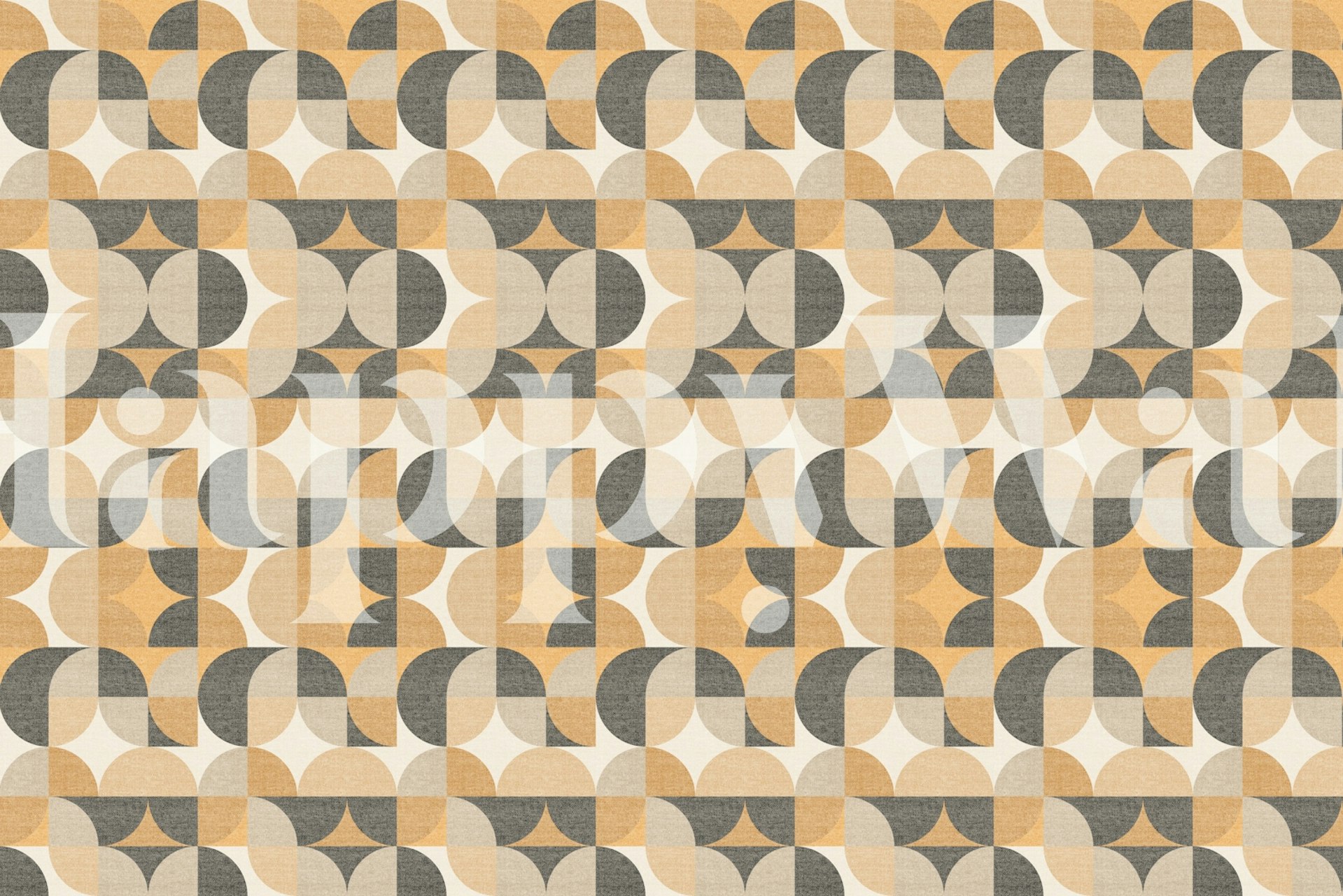 Beige retro geometric wallpaper featuring circular and square patterns in gray and cream.
