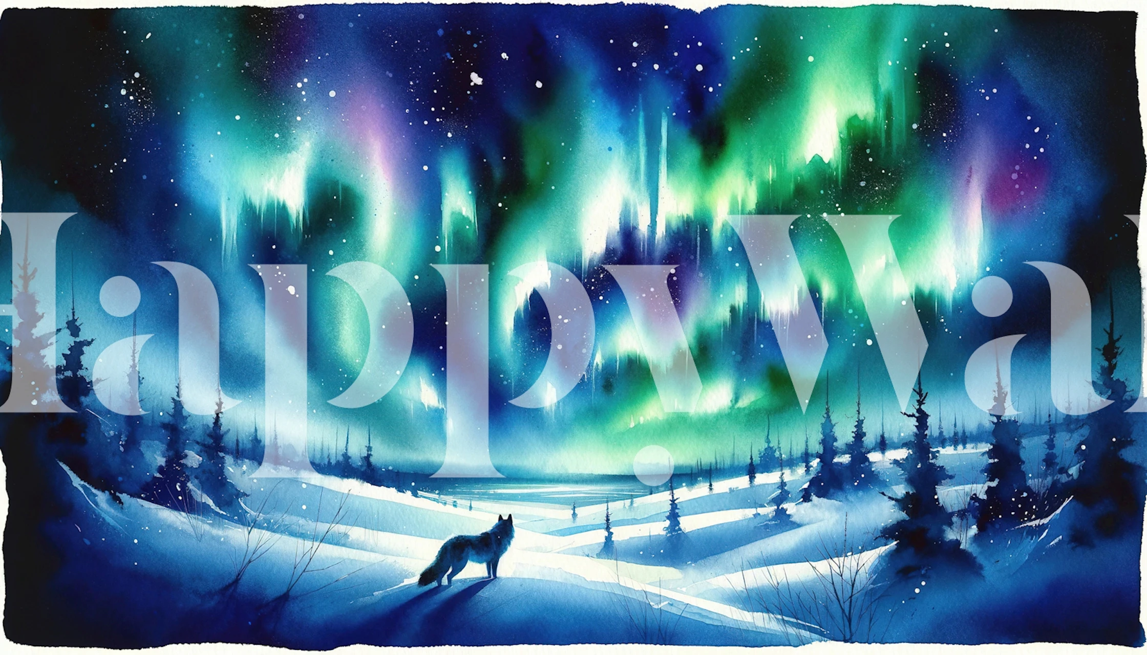 Arctic fox silhouette under vibrant northern lights in shades of blue and green wallpaper